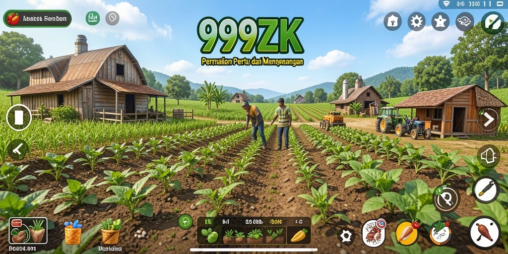 Tangkapan layar gameplay 999ZK yang menunjukkan ladang pertanian yang subur.