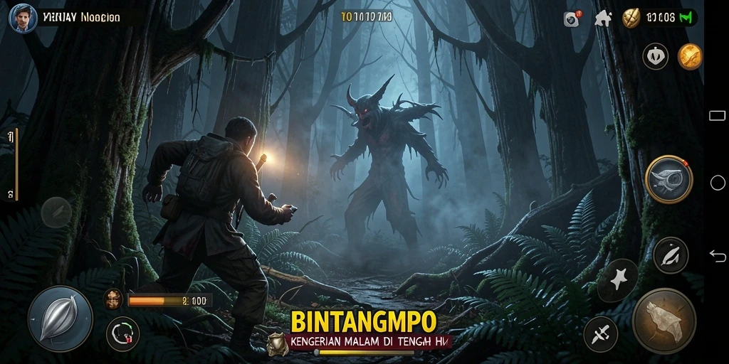 Tampilan gameplay BINTANGMPO dengan suasana horor mencekam.