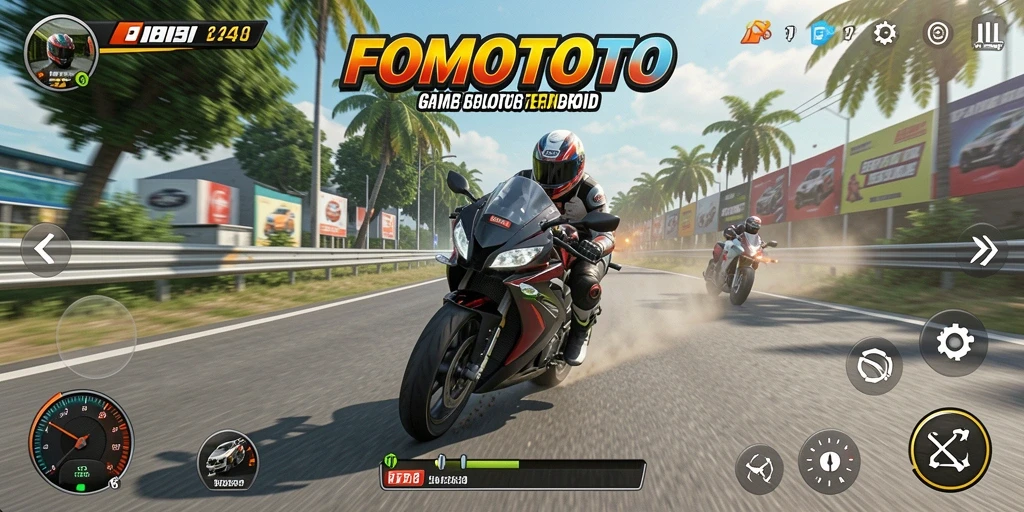 Gameplay FOMOTOTO yang menegangkan dengan balap motor cepat.