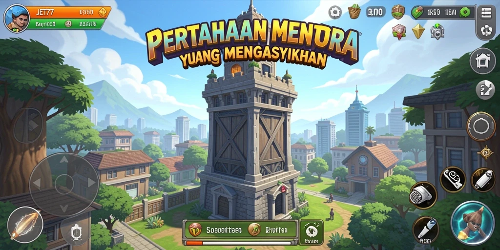 Tangkapan layar JET77 menampilkan aksi pertahanan menara yang seru dan menantang.