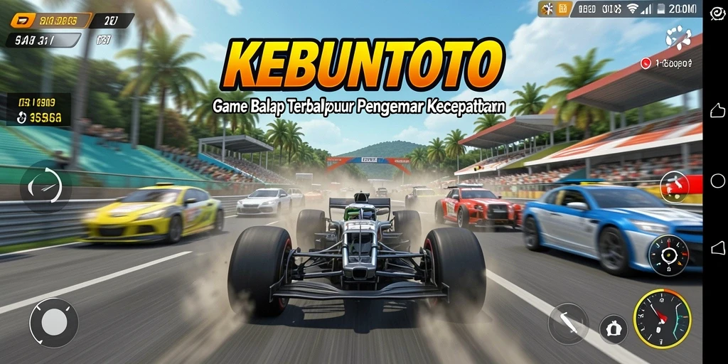 Tampilan gameplay seru di KEBUNTOTO dengan mobil balap cepat.