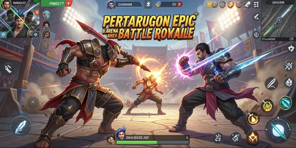 Screenshot gameplay POROS77 menampilkan pertarungan seru di arena Battle Royale.