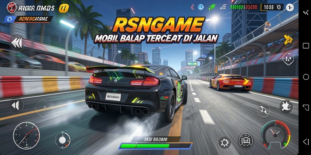 Gameplay RSNGAME menampilkan balapan mobil yang seru dan mendebarkan.