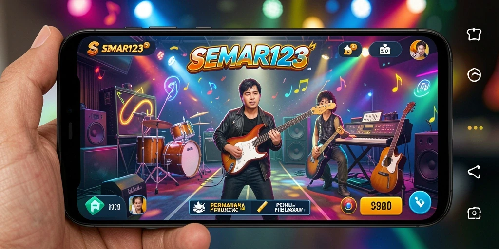 Screenshot utama SEMAR123 yang menunjukkan pengguna bermain musik dengan penuh semangat.